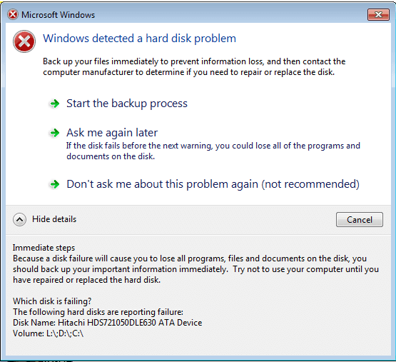 windows-detected-hard-disk-problem. Back up your files immediately to prevent information loss, and then contact the computer manufacturer to determine if you need to repair or replace the disk.