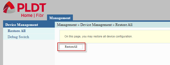 reset PLDT Fibr router device management